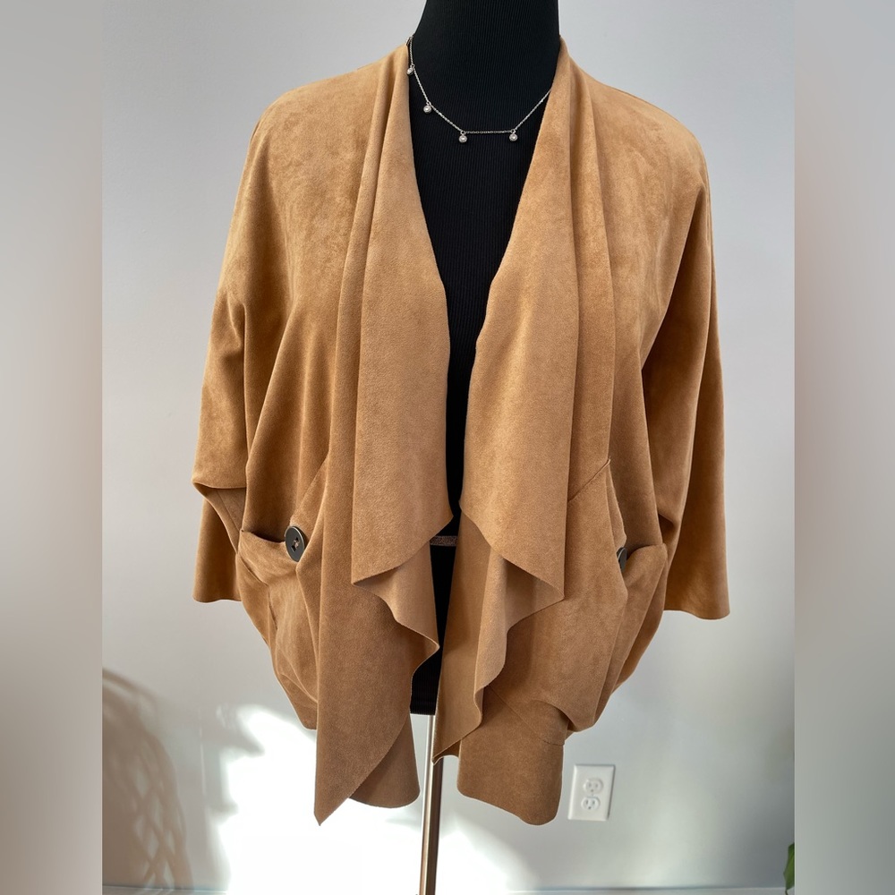 Connie K IC Faux Suede Drape Jacket, Button Pockets Tan size S